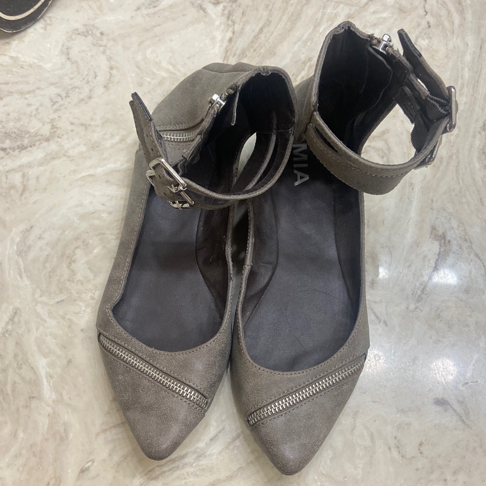MIA Gray Ankle Strap Flats with Zipper Detail